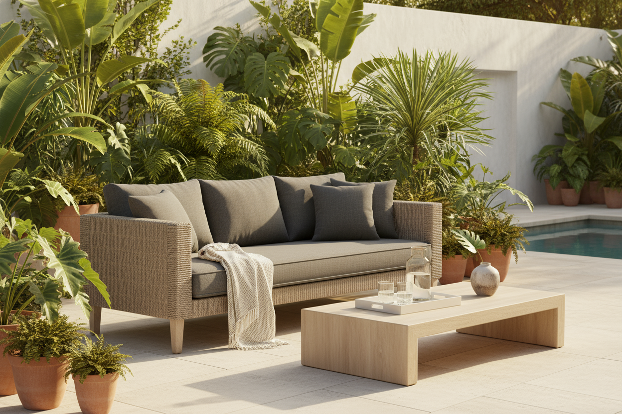 A luxurious outdoor living setup featuring a modern rattan garden sofa with soft gray cushions, surrounded by lush greenery and natural sunlight. The scene should feel calm, elegant, and inviting — with minimalist décor, clean lines, and a warm neutral color palette. Add subtle lifestyle touches like a coffee table with a tray, glasses, and greenery in the background. Perfect for a “Outdoor Seating & Lounges” category banner.